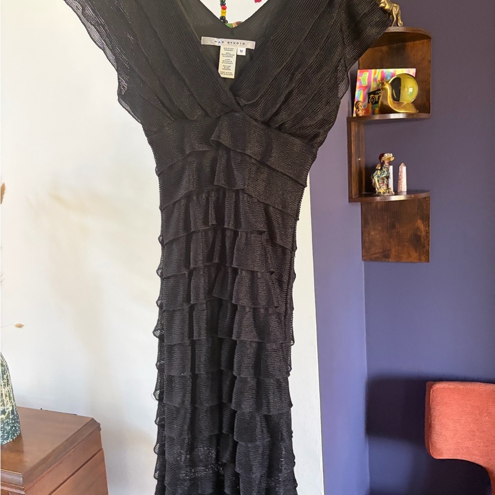 Max Studio Black Ruffled V-Neck Maxi Dress